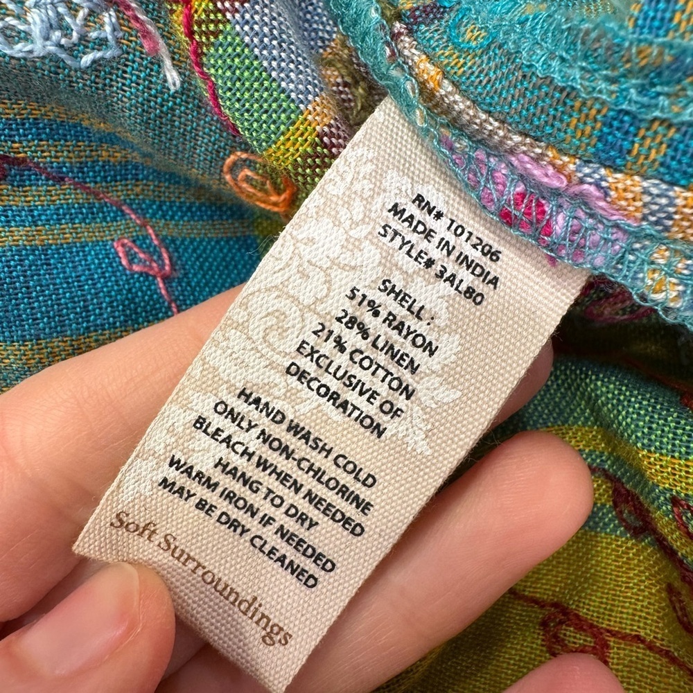 SOFT SURROUNDINGS Spring Summer Bright Heavily Embroidered Plaid Linen Blend - Picture 8 of 8